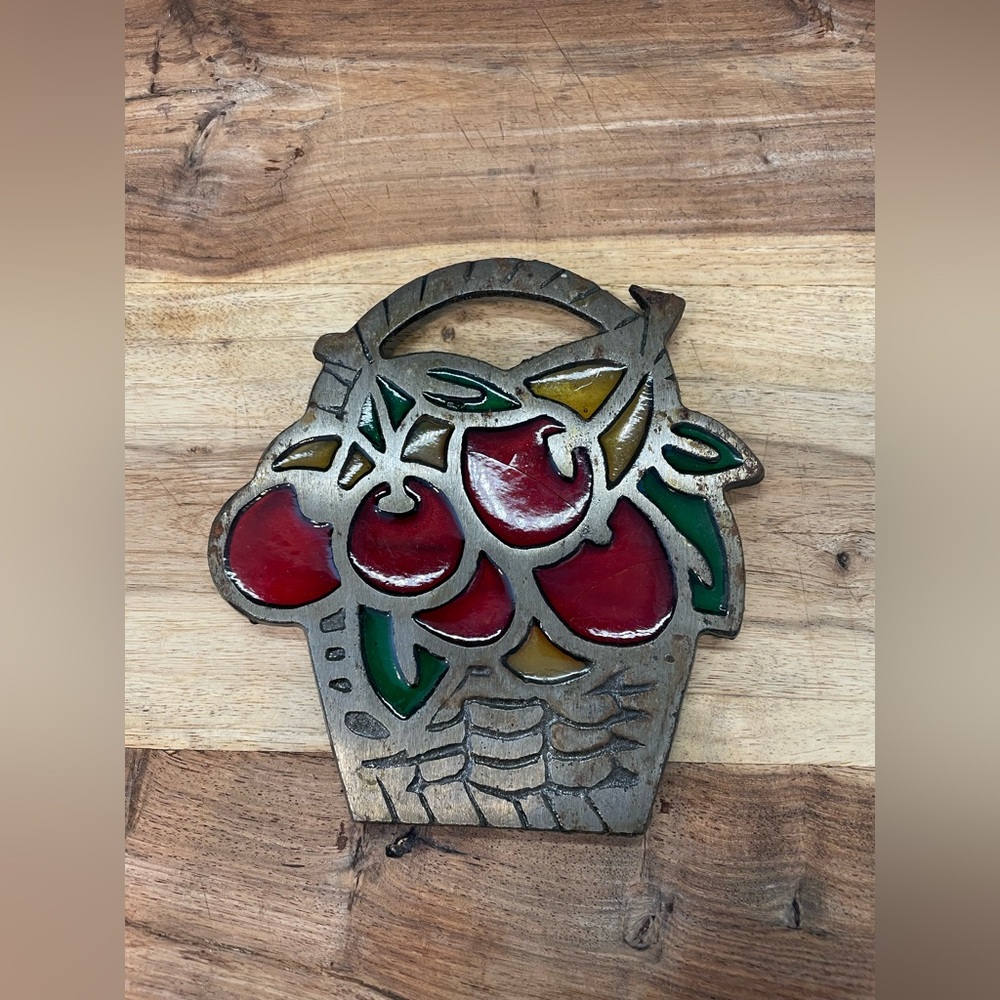 VTG Cast Iron Fruit Basket Trivet with Faux Stained Glass